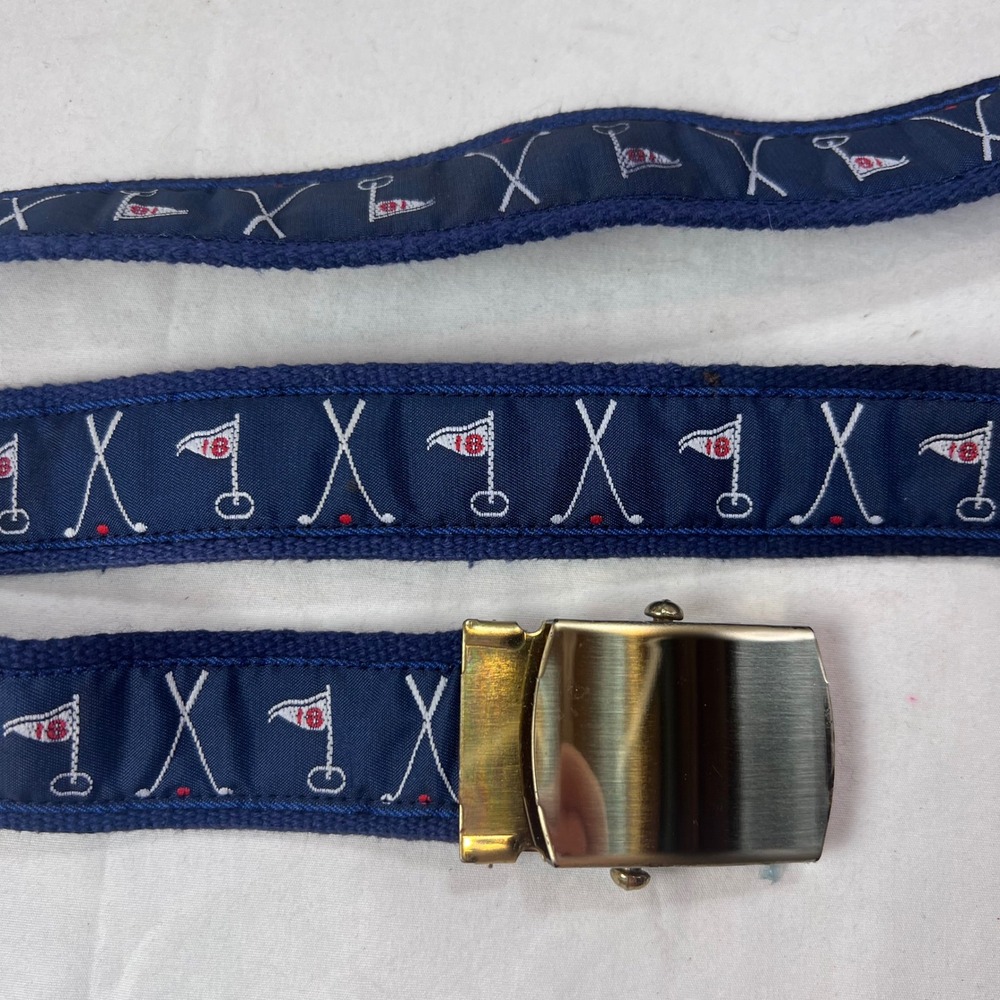 Vintage Golf Web Belt Navy Blue Ribbon 18th Hole Crossed Clubs Made in USA 41in